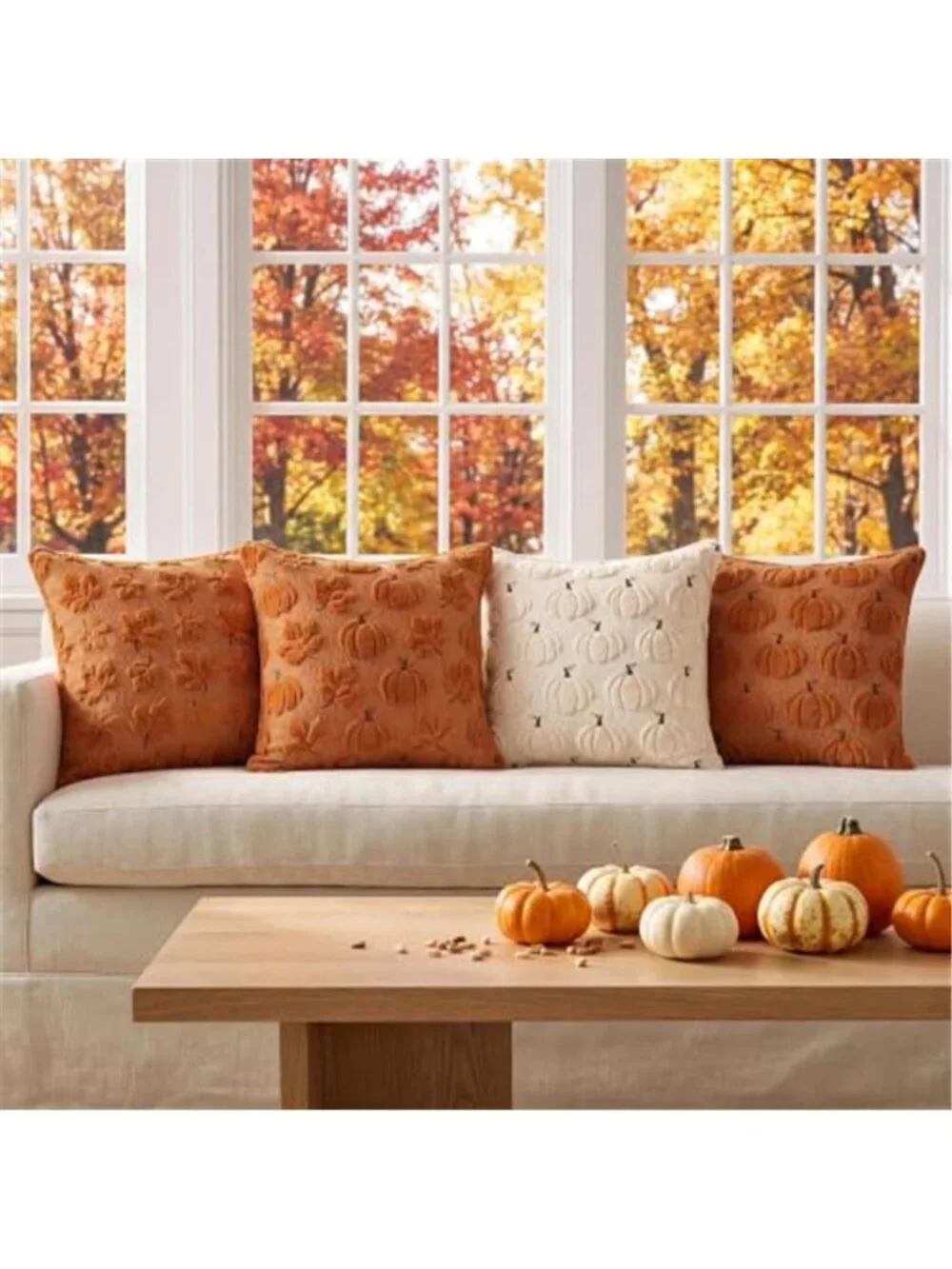 Fall Throw Pillow Covers 18x18 Set of 2 Rust Orange Pumpkin Decor
